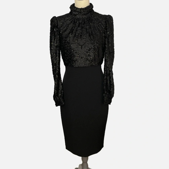 Badgley Mischka Mock Neck Midi Sheath Dress NWT Black Gold Long Sleeve Zip Sz 4 - Picture 14 of 14